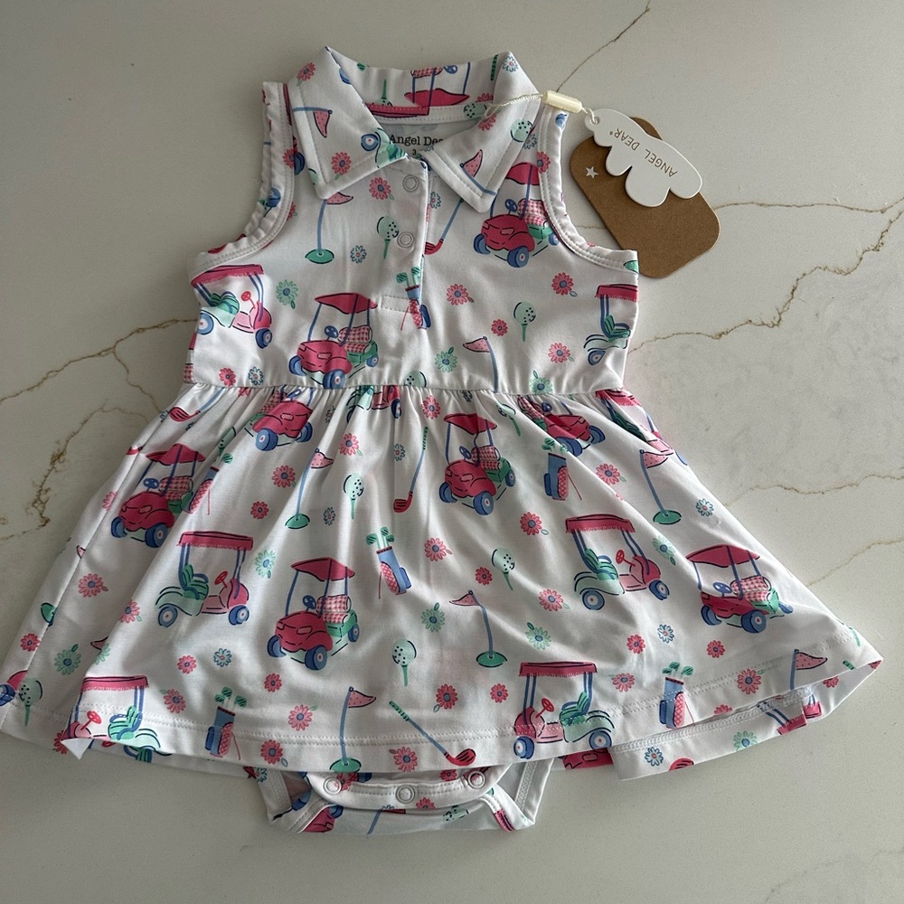 Angel Dear Baby Golf Cart Print Polo Dress - White with Pink & Teal